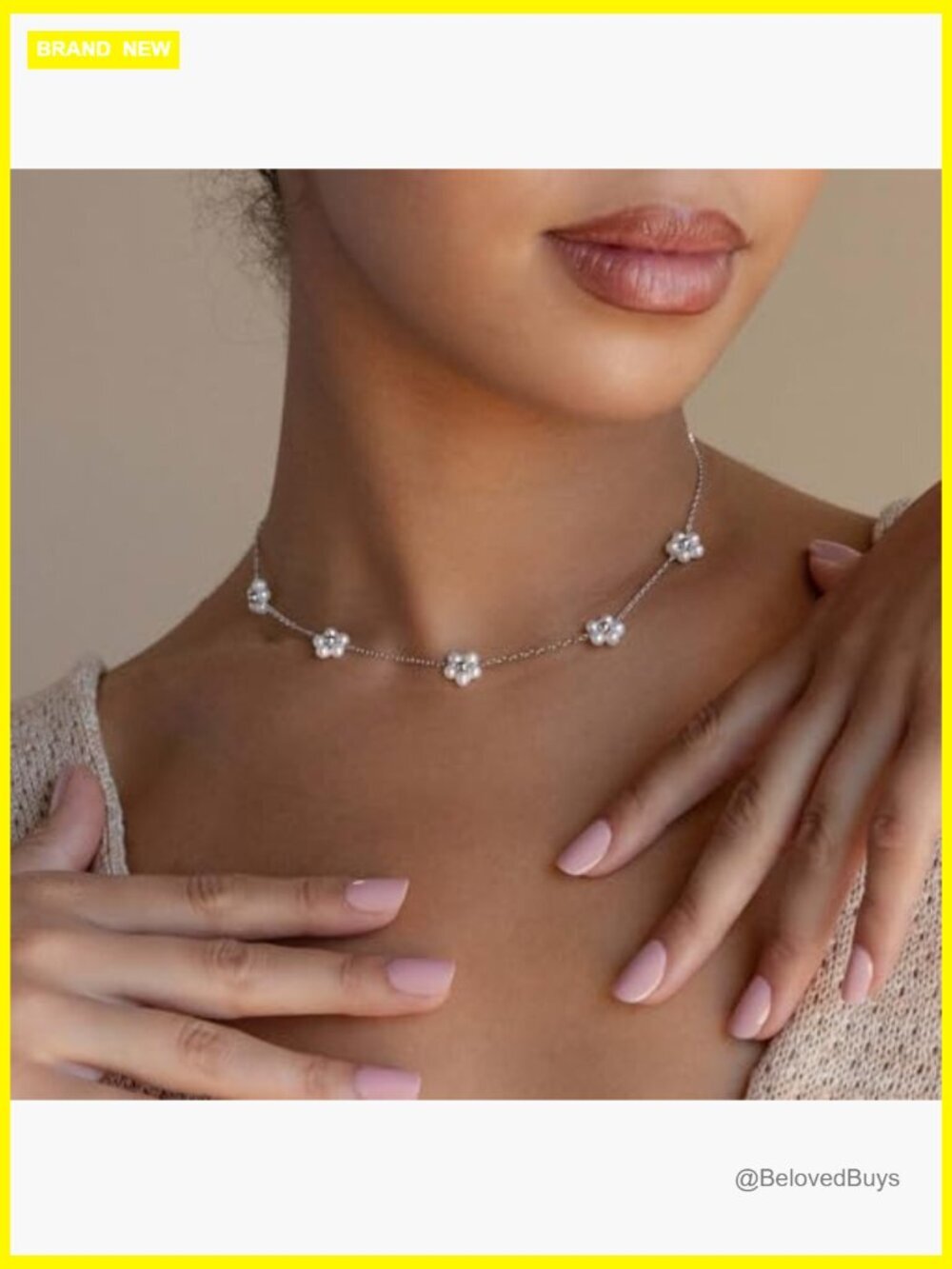 Stainless Steel Daisy Pearl Choker Necklace, Adjustable 15 Inch Chain - Picture 2 of 7